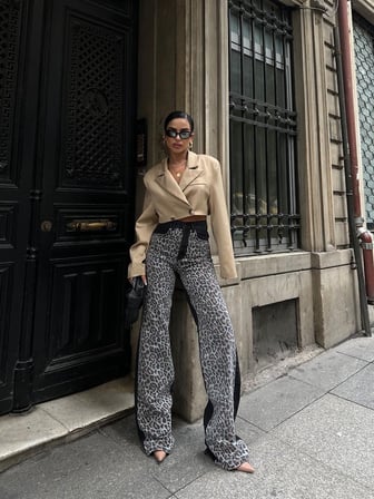 Kadın Leopar Desenli Yüksek Bel Bol Paça Jean Pantolon