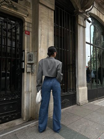 Kadın Leopar Desenli Yüksek Bel Bol Paça Jean Pantolon