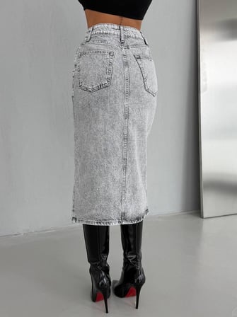 Yırtmaç Detaylı Denim Midi Etek
