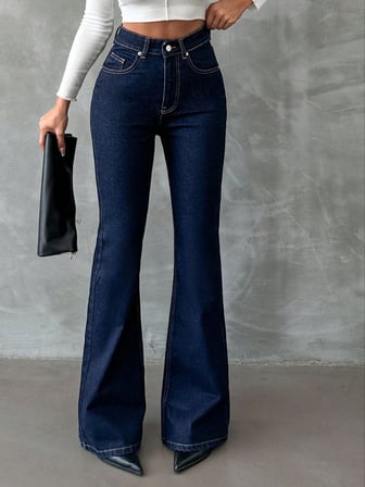 Yüksek Bel İspanyol Paça Jean Pantolon - Eskitme Detaylı Full Pamuklu Flare Denim