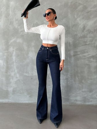 Yüksek Bel İspanyol Paça Jean Pantolon - Eskitme Detaylı Full Pamuklu Flare Denim