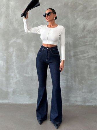 Yüksek Bel İspanyol Paça Jean Pantolon - Eskitme Detaylı Full Pamuklu Flare Denim