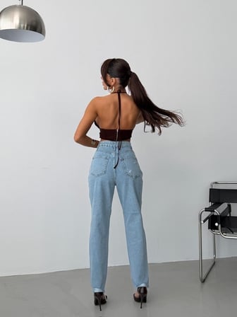 Yüksek Bel Yırtık Detaylı Taş İşlemeli Mom Jean Pantolon