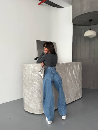 HerTon Kadın Yüksek Bel Gri Yıkamalı Wide Leg Jean Pantolon %100 Pamuk Yırtık Detaylı Oversize Baggy