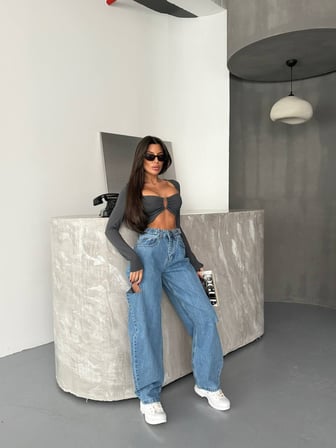 HerTon Kadın Yüksek Bel Gri Yıkamalı Wide Leg Jean Pantolon %100 Pamuk Yırtık Detaylı Oversize Baggy