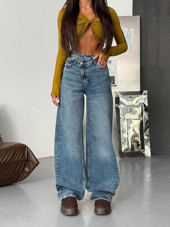 Kadın %98 Pamuk Yüksek Bel Asimetrik Bel Wide Leg Jean