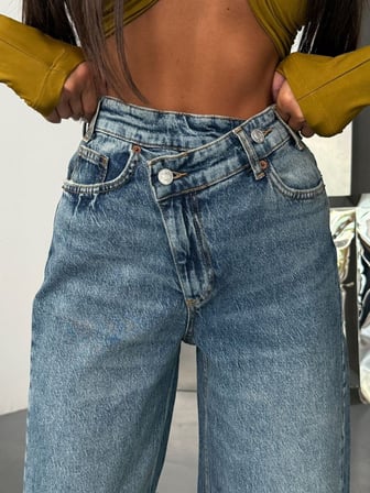 Kadın %98 Pamuk Yüksek Bel Asimetrik Bel Wide Leg Jean