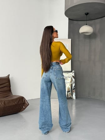 Kadın %98 Pamuk Yüksek Bel Asimetrik Bel Wide Leg Jean