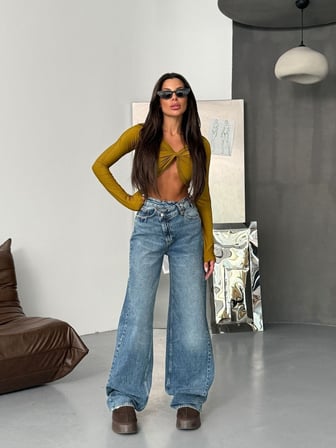 Kadın %98 Pamuk Yüksek Bel Asimetrik Bel Wide Leg Jean