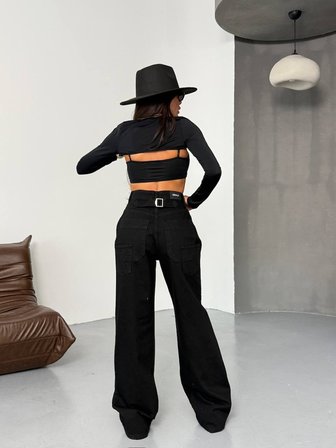 Denim Geniş Paça Kemer Detaylı Jean