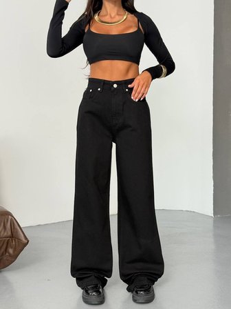 Denim Geniş Paça Kemer Detaylı Jean