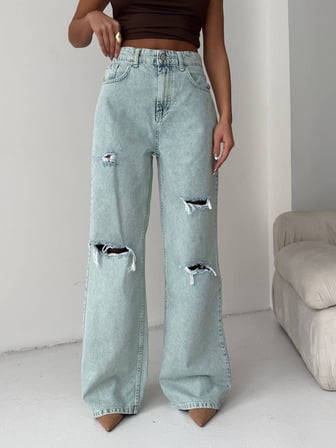 Denim Geniş Paça Kemer Detaylı Jean