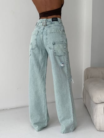 Denim Geniş Paça Kemer Detaylı Jean