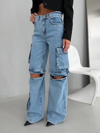 Yüksek Bel Kargo Cepli Parçalı (Detachable) Bol Paça Jean Pantolon