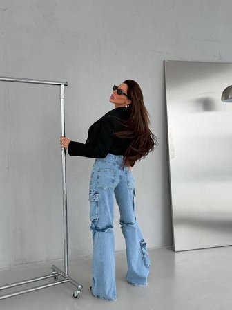 Yüksek Bel Kargo Cepli Parçalı (Detachable) Bol Paça Jean Pantolon