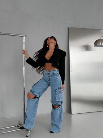 Yüksek Bel Kargo Cepli Parçalı (Detachable) Bol Paça Jean Pantolon