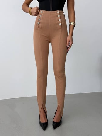 Kadın Yüksek Bel Düğme Detaylı Skinny Jean - Paçası Yırtmaçlı Dar Pantolon Kesim