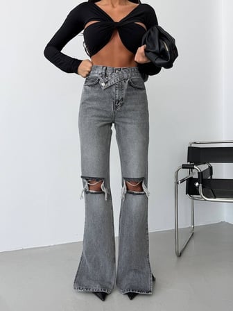 Kadın Yüksek Bel Çapraz Kemer Detaylı Wide Leg Jean Pantolon