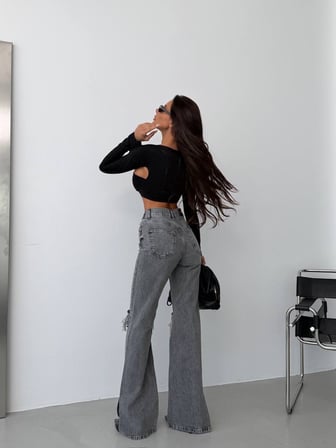 Kadın Yüksek Bel Çapraz Kemer Detaylı Wide Leg Jean Pantolon