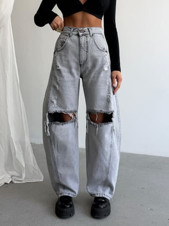 Yüksek Bel Relax Fit  Yırtık Detaylı Denim Pantolon