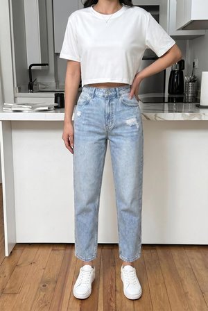 Kadın Yüksel Bel Mom Jean  Pantolon %100 cotton Esneme yok