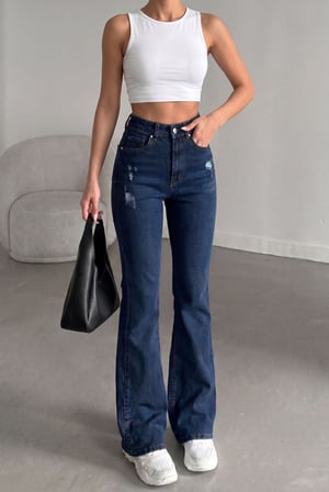 Yüksek Bel İspanyol Paça Jean Pantolon - Eskitme Detaylı Full Pamuklu Flare Denim