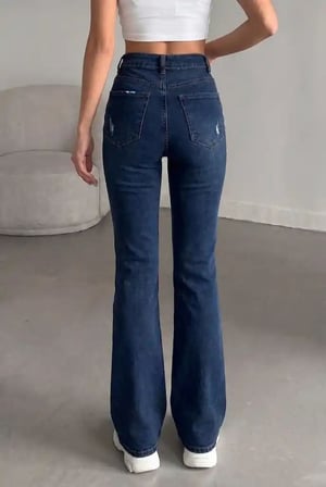 Yüksek Bel İspanyol Paça Jean Pantolon - Eskitme Detaylı Full Pamuklu Flare Denim