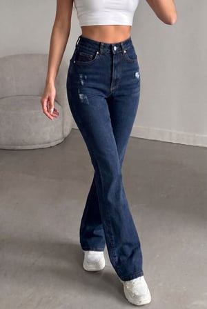Yüksek Bel İspanyol Paça Jean Pantolon - Eskitme Detaylı Full Pamuklu Flare Denim