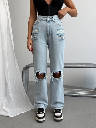 Kadın Yüksek Bel %100 Pamuk Jean Pantolon - Düz Kesim Straight Denim