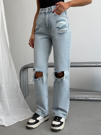 Kadın Yüksek Bel %100 Pamuk Jean Pantolon - Düz Kesim Straight Denim