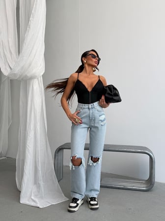 Kadın Yüksek Bel %100 Pamuk Jean Pantolon - Düz Kesim Straight Denim