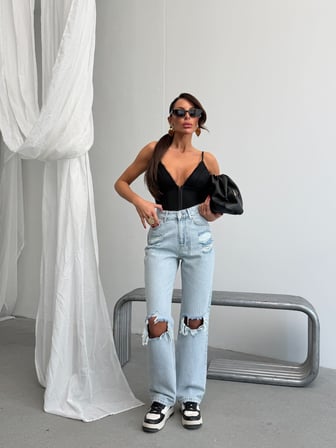 Kadın Yüksek Bel %100 Pamuk Jean Pantolon - Düz Kesim Straight Denim