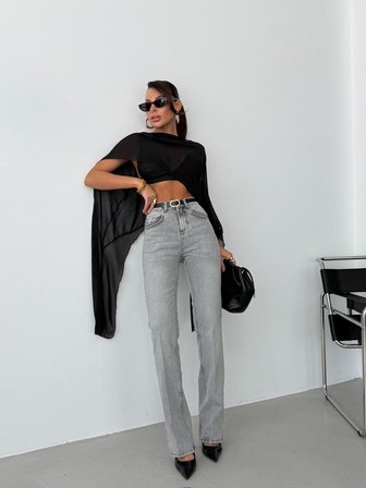 Kadın Yıkamalı Yüksek Bel Geniş Paça Jean Pantolon – %99 Pamuk %1 Elastan