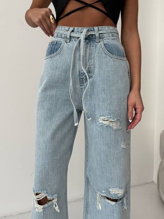 Kadın Yırtık Detaylı Wide Leg Jean - %100 Pamuk Bol Paça Jean Pantolon