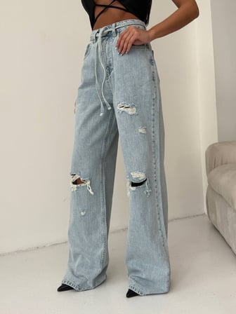 Kadın Yırtık Detaylı Wide Leg Jean - %100 Pamuk Bol Paça Jean Pantolon