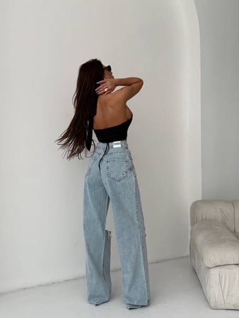 Kadın Yırtık Detaylı Wide Leg Jean - %100 Pamuk Bol Paça Jean Pantolon