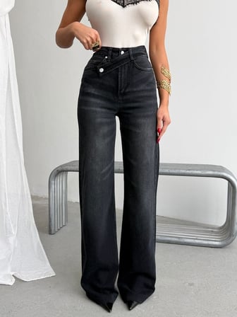 Kadın Çapraz Bel Detaylı Wide Leg Jean Pantolon – Yüksek Bel Vintage Denim