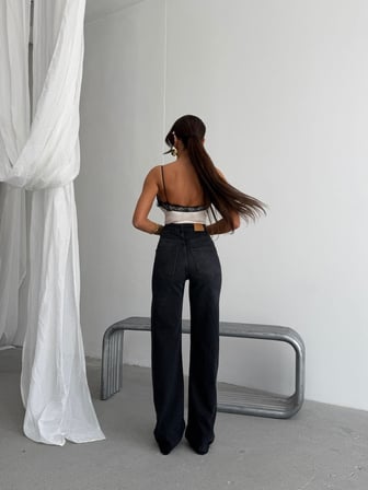 Kadın Çapraz Bel Detaylı Wide Leg Jean Pantolon – Yüksek Bel Vintage Denim