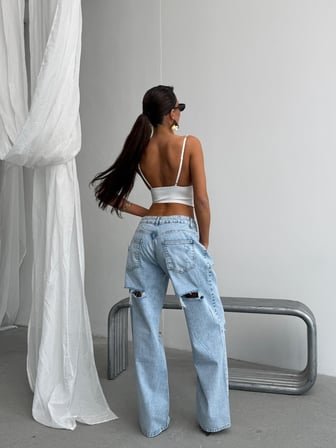 Kadın Yırtıklı Wide Leg Jean Pantolon – Vintage Yıkamalı Bol Paça Denim