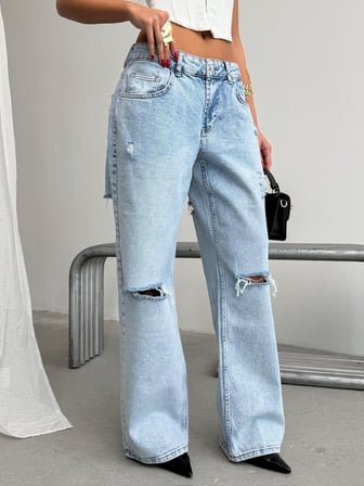 Kadın Yırtıklı Wide Leg Jean Pantolon – Vintage Yıkamalı Bol Paça Denim