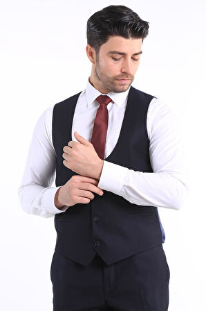 İntersivin Slim Fit 6 Drop Lacivert Yelekli Erkek Takım Elbise