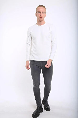 İntersivin Bisiklet Yaka Uzun Kollu Dokulu Ekru Erkek Sweat