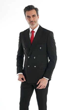 İntersivin 6 Drop Slim Fit Likralı Siyah Erkek Kruvaze Takım Elbise