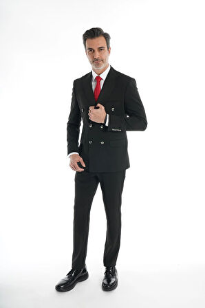 İntersivin 6 Drop Slim Fit Likralı Siyah Erkek Kruvaze Takım Elbise