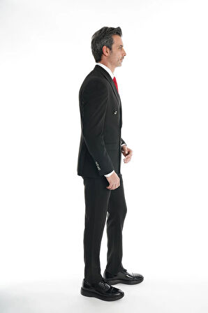 İntersivin 6 Drop Slim Fit Likralı Siyah Erkek Kruvaze Takım Elbise