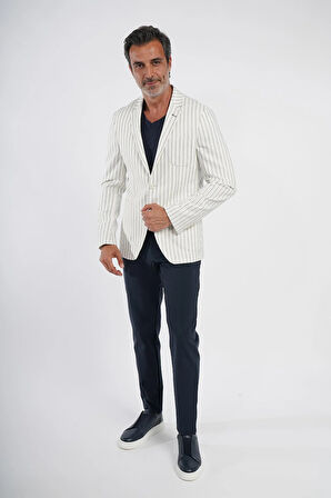 İntersivin Slim Fit Çizgili Beyaz Erkek Yazlık Blazer Tek Ceket