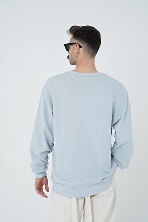 Gracht Nakışlı Oversize Mavi Sweat