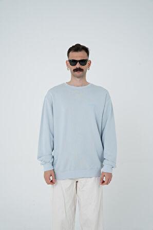 Gracht Nakışlı Oversize Mavi Sweat