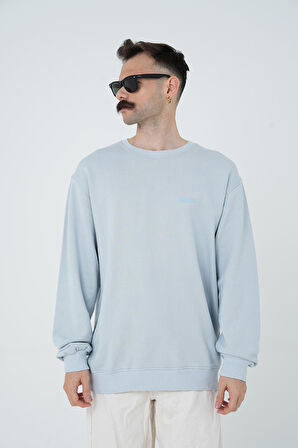 Gracht Nakışlı Oversize Mavi Sweat