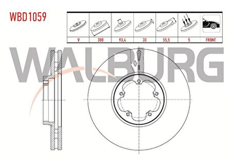 FREN DISKI ON HAVALI FORD TRANSIT CUSTOM (V362) 2.2 TDCI 5 BIJON 308X33X93,4X55,5 2012- 1842633 BK211125A1D